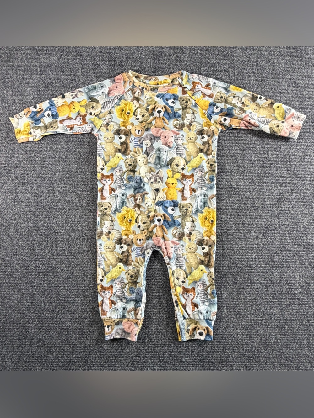 Molo Long-Sleeve Baby Romper All-Over Crochet Cute Animals 9 Months Organic NWT